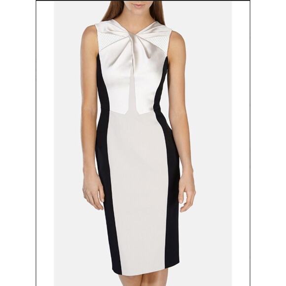 Karen Millen Knot Neckline Pencil Dress - Black, White, and Tan/Champagne 6 - Picture 3 of 14